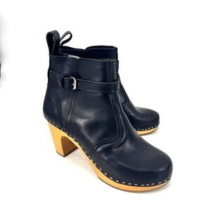Swedish Hasbeens Black Leather Toffel Clog Ankle Boots Wood Heel Size 39